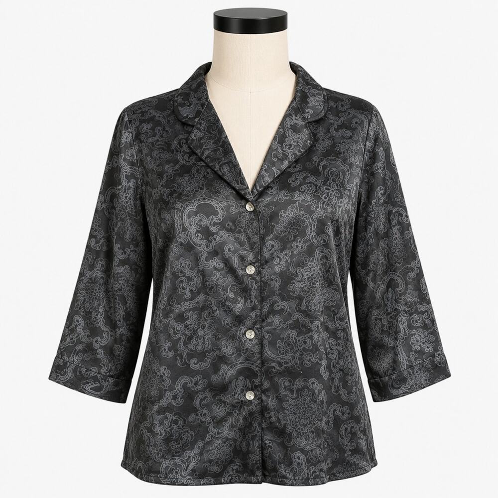Natori Black Paisley Satin Pajama Sleep Top XL Button Front Long Sleeve